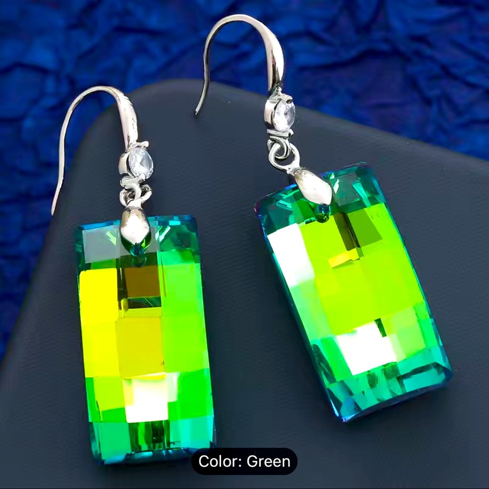 Green rectangle crystal 925 sterling silver earrings